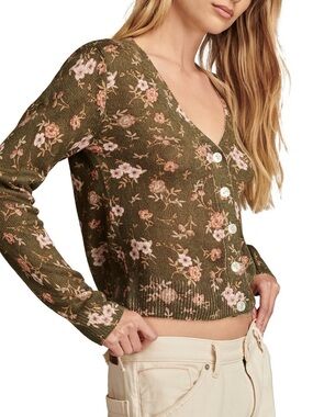Lucky Brand Olive Green Floral V‑Neck Button Cardigan